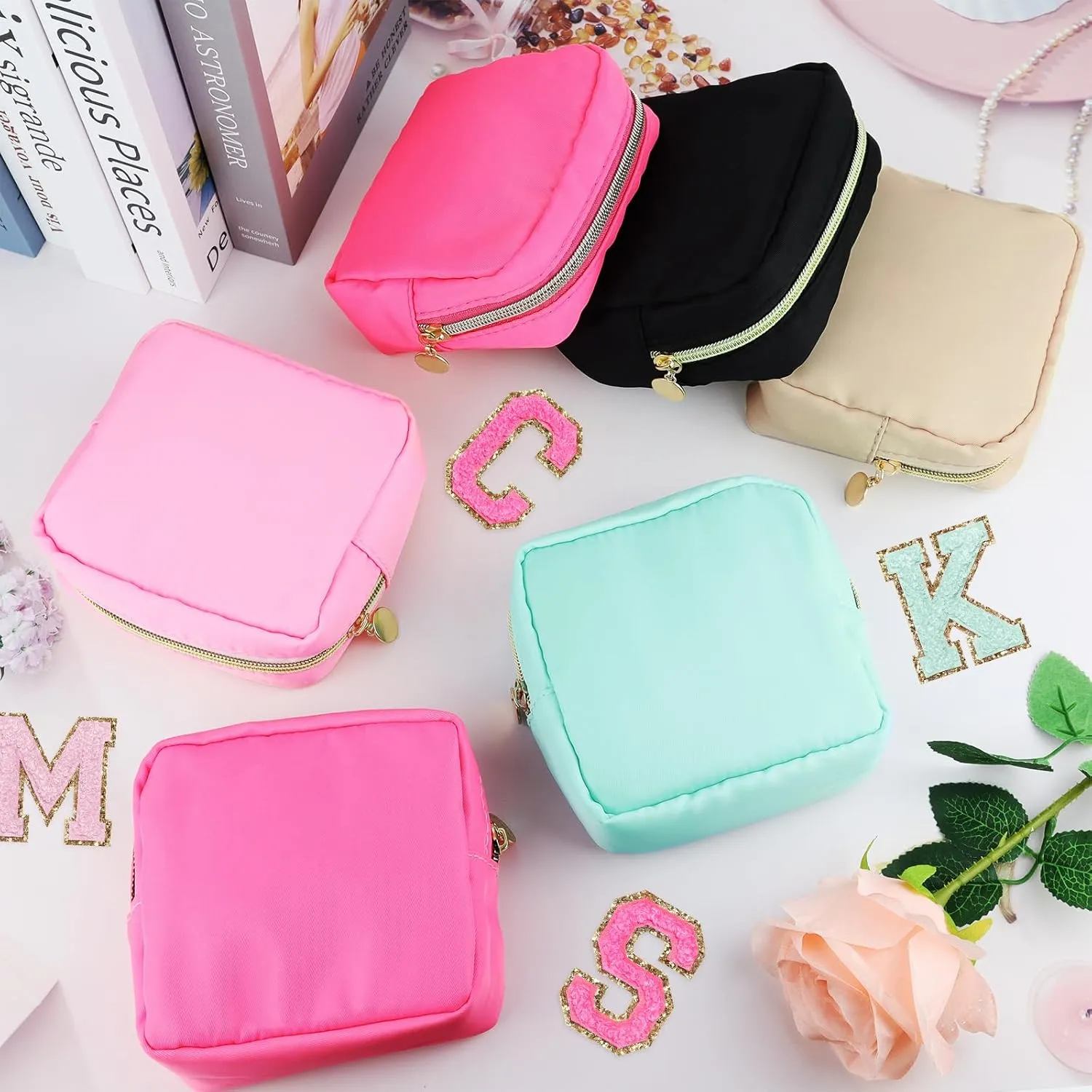 Giesiery 9 Pcs Nylon Cosmetic Bag for Purse Preppy Mini Makeup Bags Bulk Cosmetic Zipper Pouch Purse Organizer Bag Set for Women Waterproof Travel Toiletry Bags Nylon Coin Pouch (Light pink)