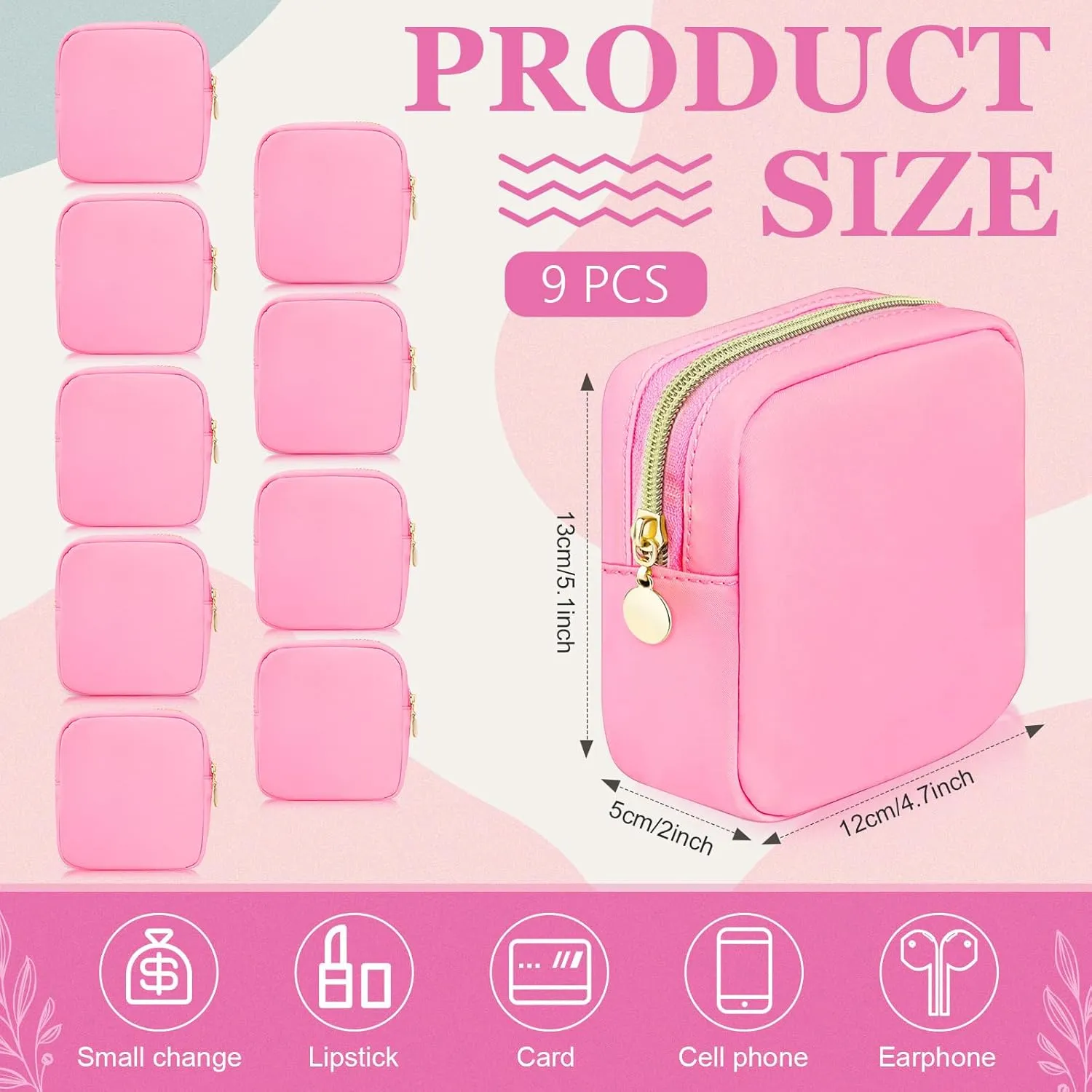 Giesiery 9 Pcs Nylon Cosmetic Bag for Purse Preppy Mini Makeup Bags Bulk Cosmetic Zipper Pouch Purse Organizer Bag Set for Women Waterproof Travel Toiletry Bags Nylon Coin Pouch (Light pink)