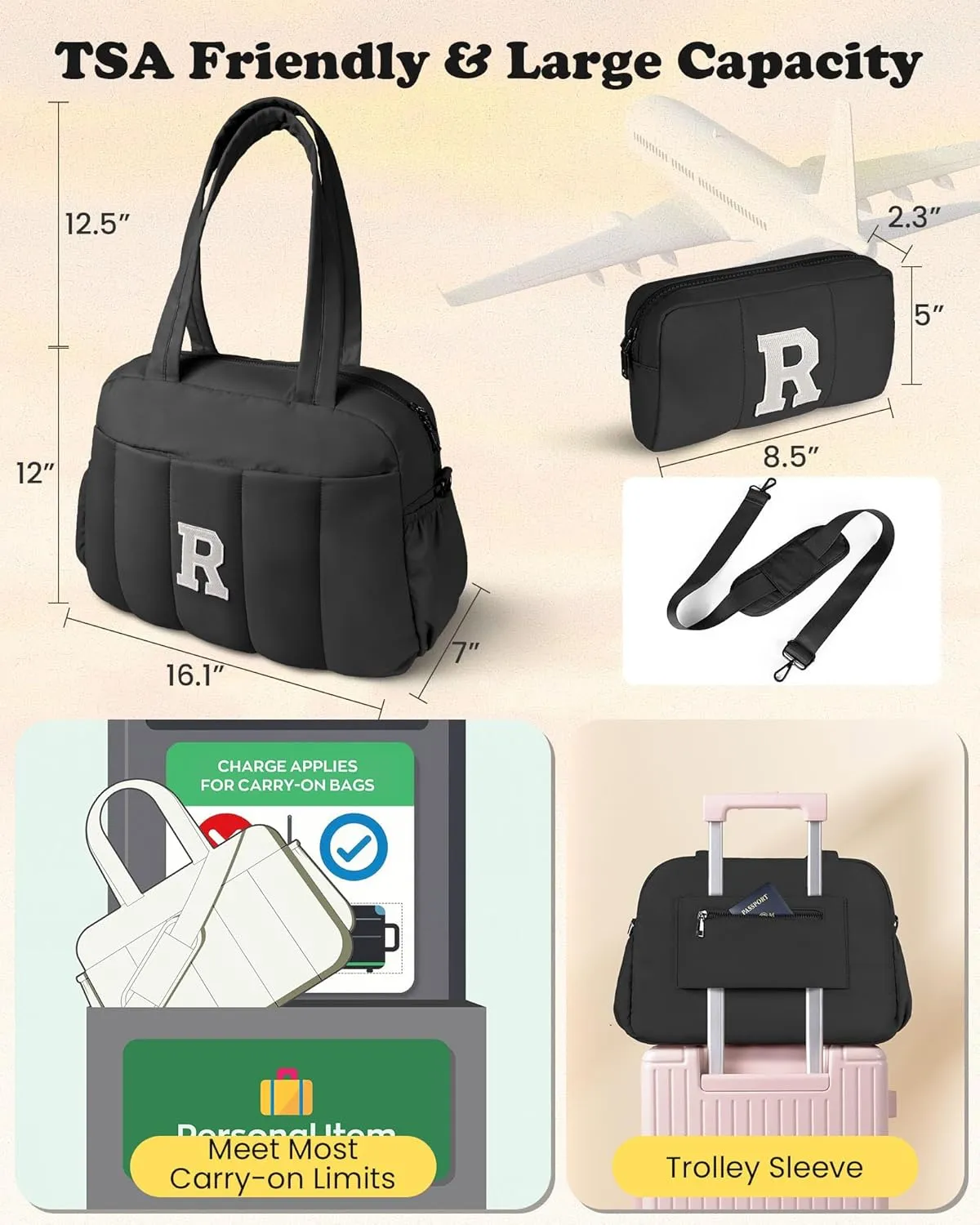 Gift Ideas for Women-Bridesmaid Proposal Gifts, Initial Duffel Bag, Weekender Bag, Monogram Overnight Bag for Women, Travel Bag with Makeup Bag, Granddaughter Gift from Grandmom (Letter W)