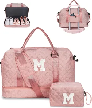 Gifts for Daughter-Girls Initial Duffle Bag with Shoe Compartment, Kids Weekender Bag, Monogram Overnight Bag, Letter Travel Bag with Makeup Bag，Sister Friend Girlfriend Gifts (Letter M)