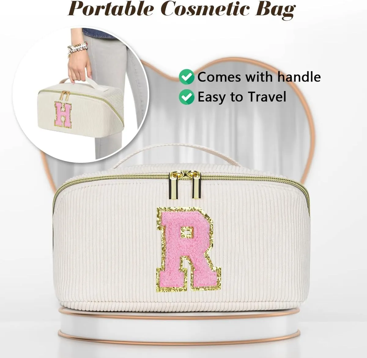 Gifts for Girls, Initial Travel Makeup Bag Women's Day Gift Make up Bag Cosmetic Bags Monther's Day Gifts, Personalized Stuff Bag Cute Makeup Bag Birthday Gifts for Women/Friend/Mother - A