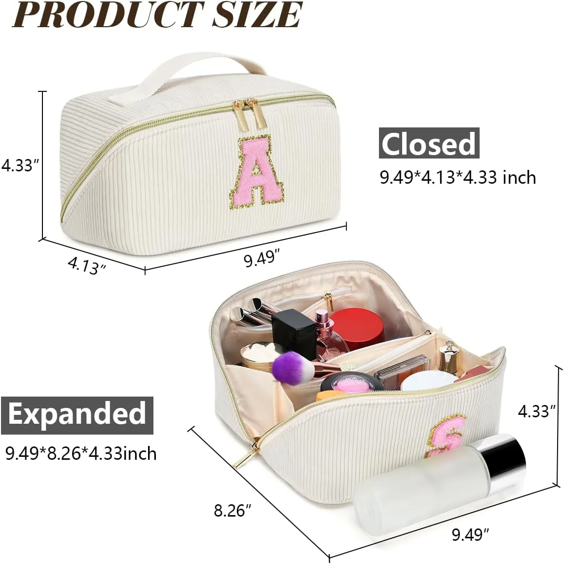 Gifts for Girls, Initial Travel Makeup Bag Women's Day Gift Make up Bag Cosmetic Bags Monther's Day Gifts, Personalized Stuff Bag Cute Makeup Bag Birthday Gifts for Women/Friend/Mother - A