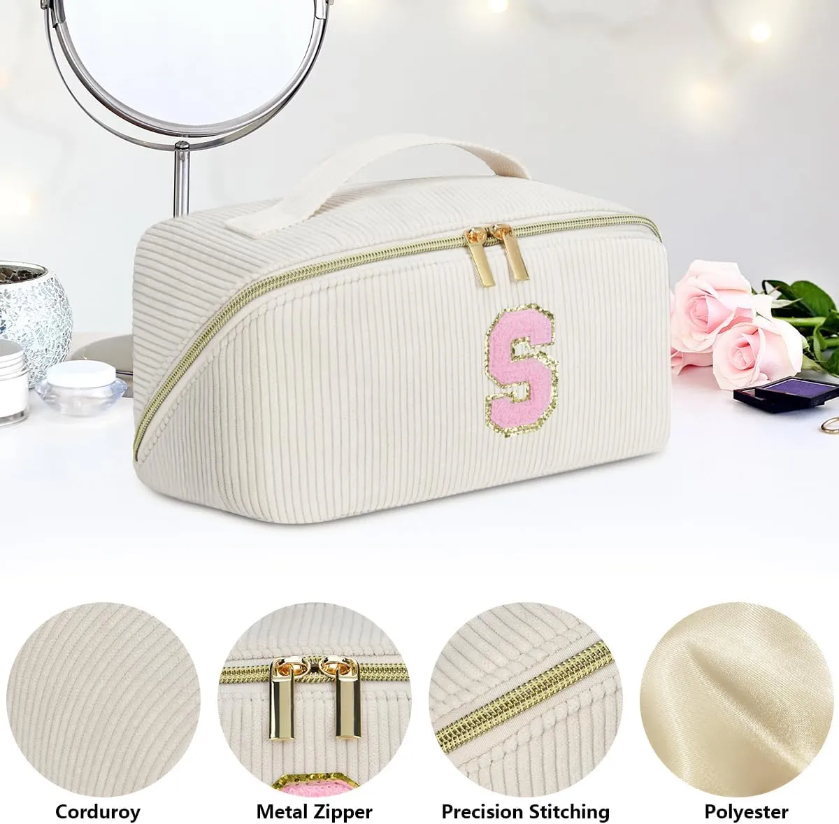 Gifts for Girls, Initial Travel Makeup Bag Women's Day Gift Make up Bag Cosmetic Bags Monther's Day Gifts, Personalized Stuff Bag Cute Makeup Bag Birthday Gifts for Women/Friend/Mother - A