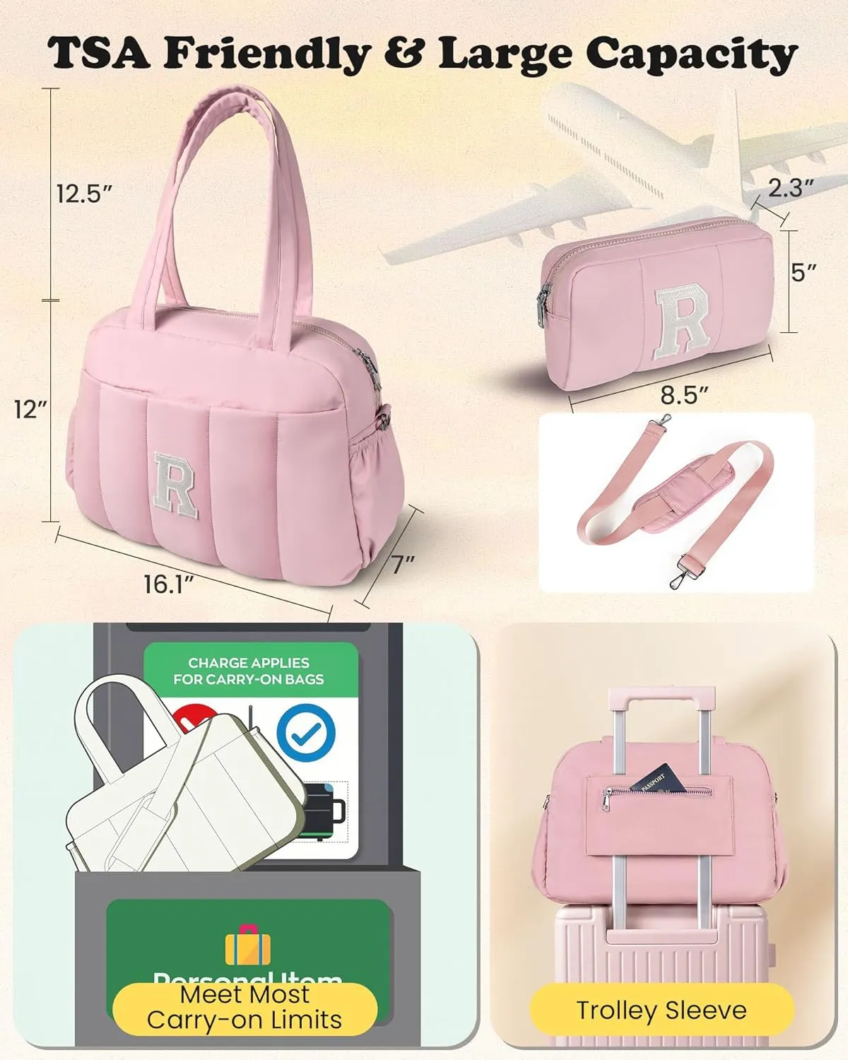 Gifts for Granddaughter-Initial Girls Duffel Bag, Personalized Lightweight Teen Weekender Bag, Monogram Overnight Bag, Letter Travel Bag with Makeup Bag, Daughter Friend Gifts (Letter C)