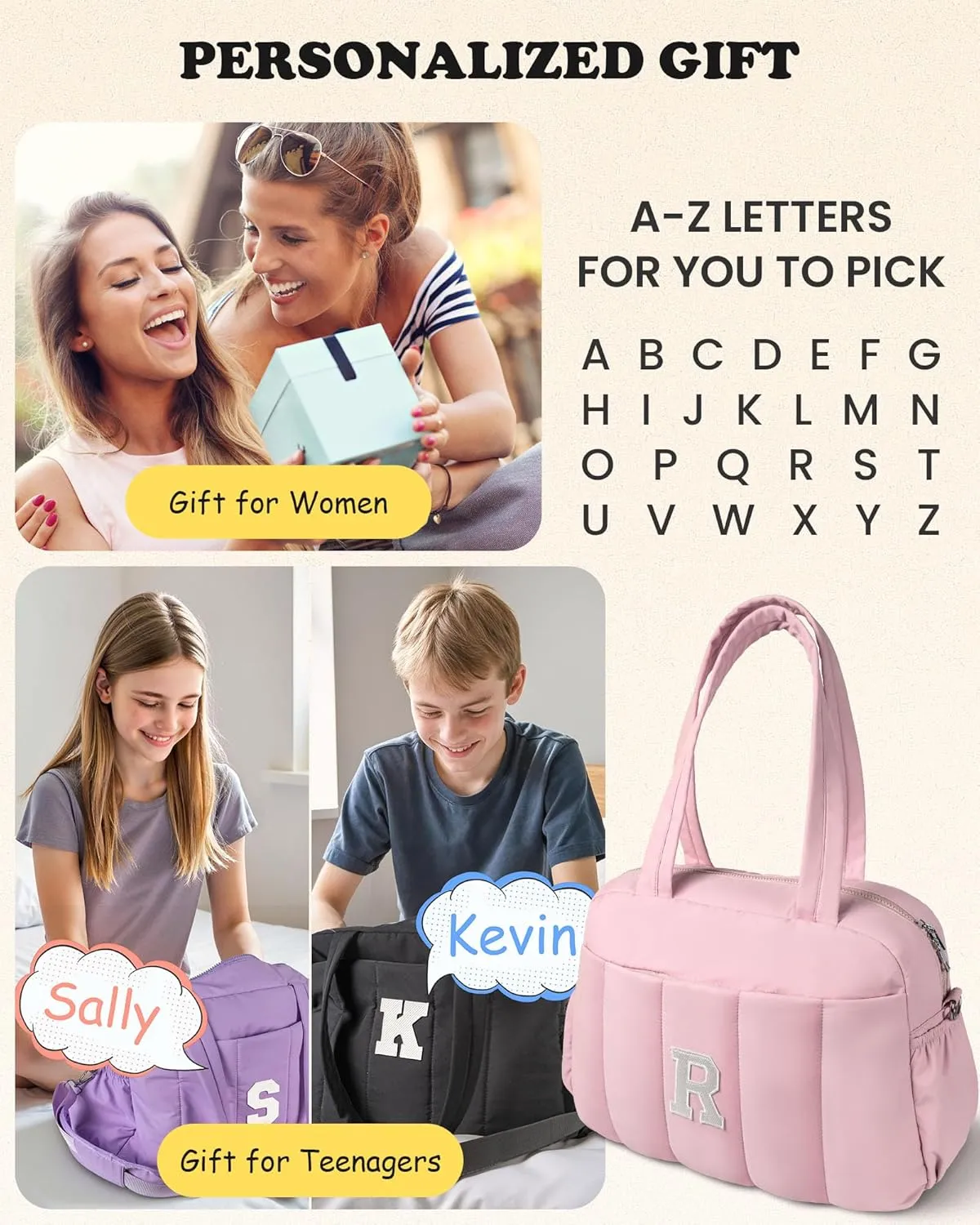 Gifts for Granddaughter-Initial Girls Duffel Bag, Personalized Lightweight Teen Weekender Bag, Monogram Overnight Bag, Letter Travel Bag with Makeup Bag, Daughter Friend Gifts (Letter C)