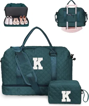 Gifts for Women-Initial Women Duffel Bags with Shoe Compartment, Personalized Weekender Bag, Monogram Overnight Bag for Women, Letter Travel Bag with Makeup Bag Graduation Gifts (Letter K)