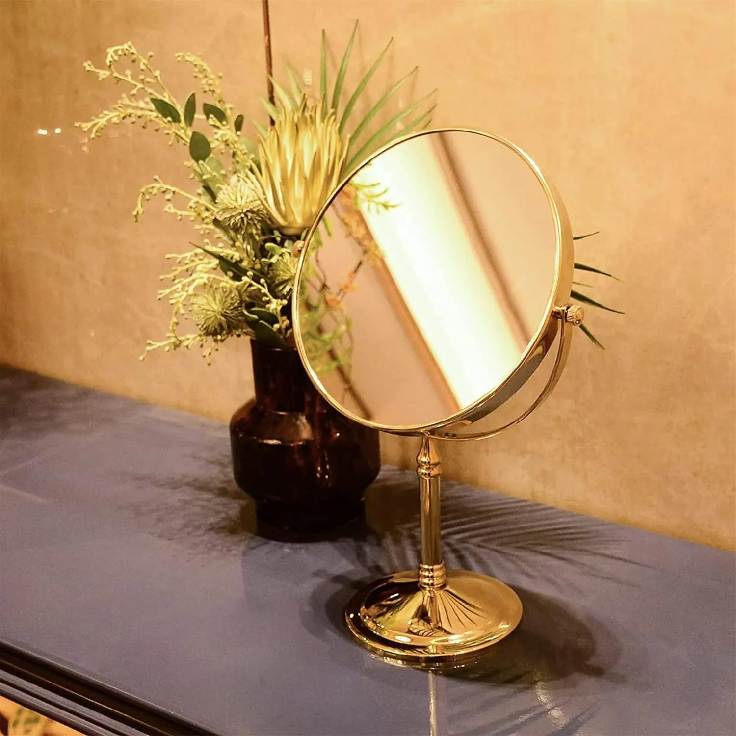 Gold Tabletop Makeup Mirror, 360°Swivel Double Side Beauty Cosmetic Mirror, Magnification Shaving Mirror for Table, HD Standing Vanity Mirror for Beauty Salon,8inch,7X