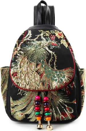 Goodhan Vintage Phoenix Sequins Embroideried Women Backpack Daypack Travel Shoulder Bag One_Size Style 01: Black