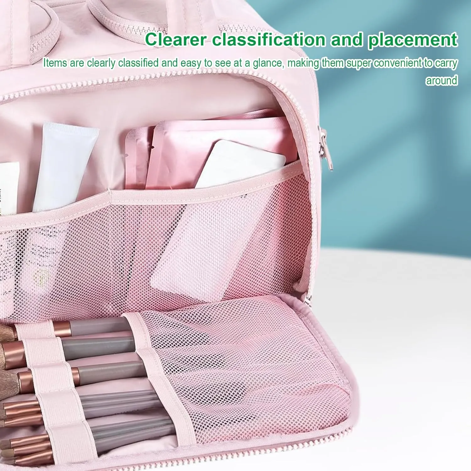 Green Large Capacity Wide-Open 4-in-1 Puffy Travel Cosmetic Bag - Waterproof, Lightweight & Multi-Functional Toiletry Organizer for Women(B)