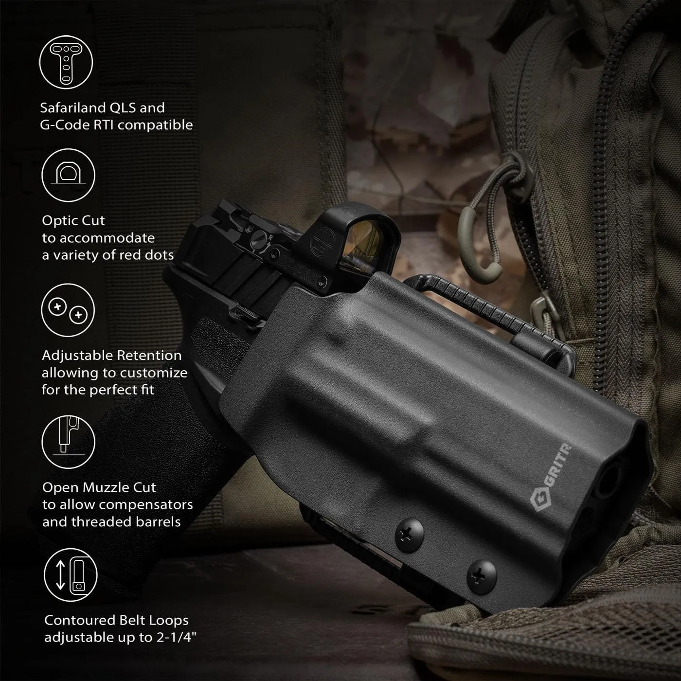 GRITR OWB Kydex RH/LH Pistol Holster Compatible with Springfield Armory Echelon w/Optic Cut, Open Bottom, Adjustable Cant & Retention | EDC Gun Accessory for Men & Women