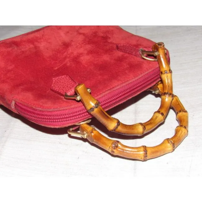 Gucci red suede & leather two-way style, purse with a detachable strap, bamboo handles, and gold equestrian accents!
