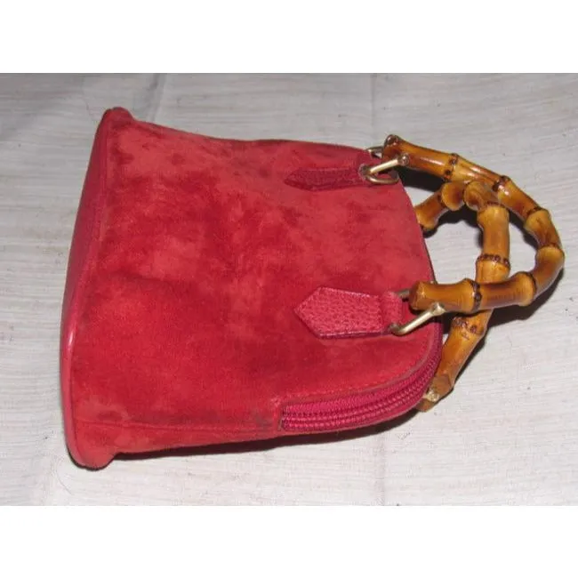 Gucci red suede & leather two-way style, purse with a detachable strap, bamboo handles, and gold equestrian accents!