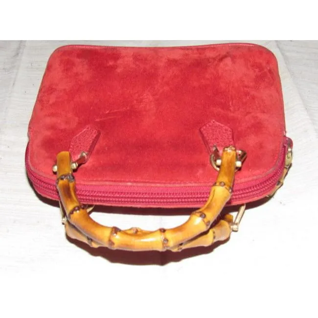 Gucci red suede & leather two-way style, purse with a detachable strap, bamboo handles, and gold equestrian accents!