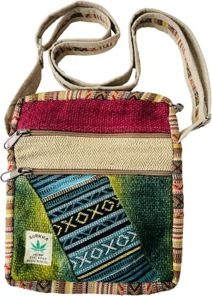 Gurkha Unisex Hemp Crossbody Bag Hippie Patchwork Shoulder 5 Pocket Passport Documents Bag Eco-friendly - Handloomed In Mt. Everest Country Nepal