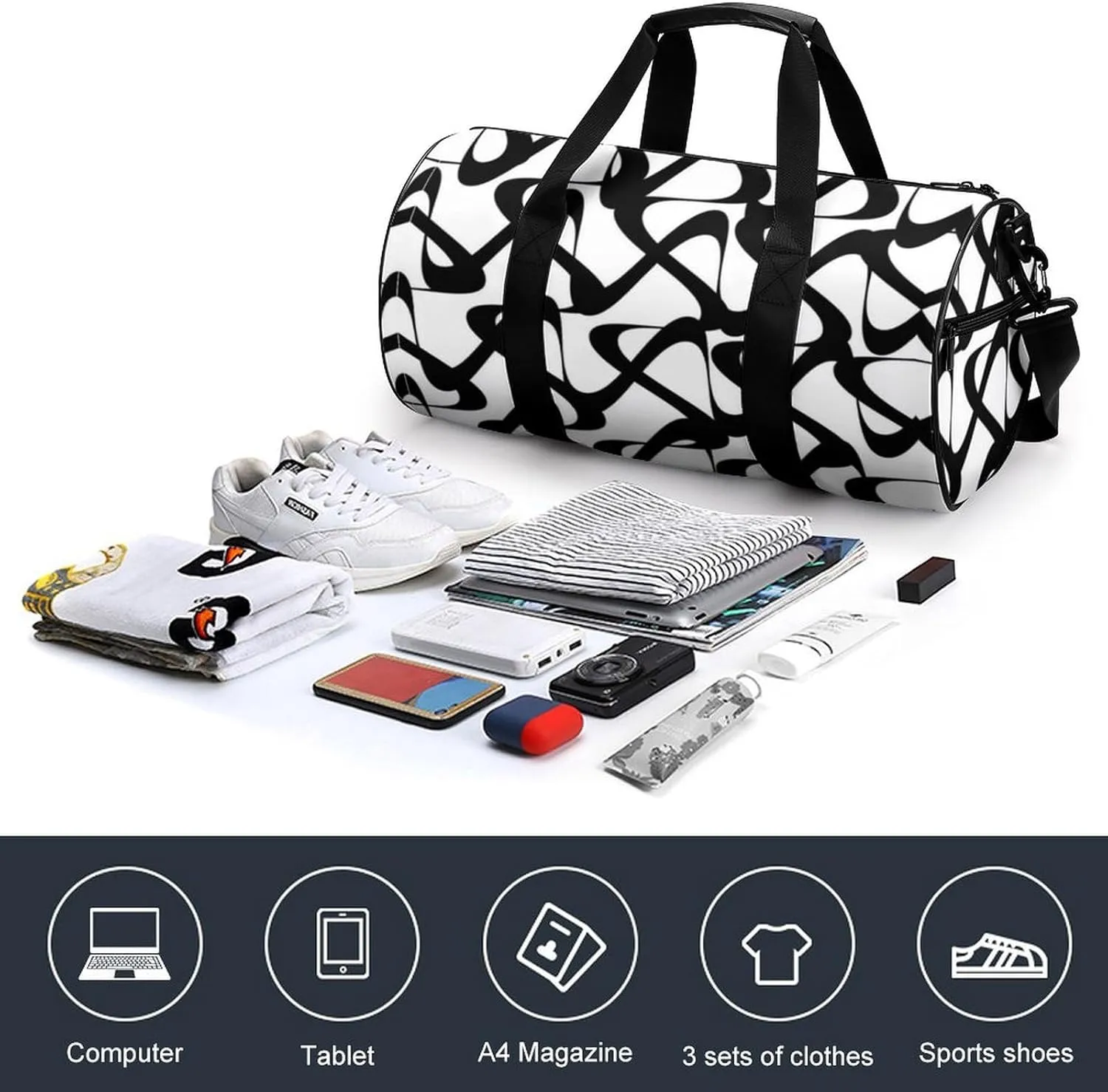 Gym Bag for Men Women Lightweight Sports Duffle Bag with Multiple Compartments Cylindrical Gym Bag for Fitness Travel And Outdoor Activities Ater Resistant Yoga Bag Training Bag Abstract Loops