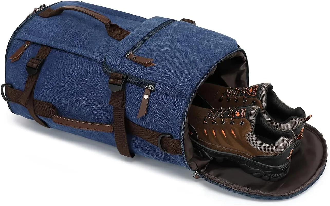 Gym Duffle Bag Backpack 4-Way Vintage canvas with Shoes Compartment for travel Sport Hiking laptop (Vintage blue) X-Large