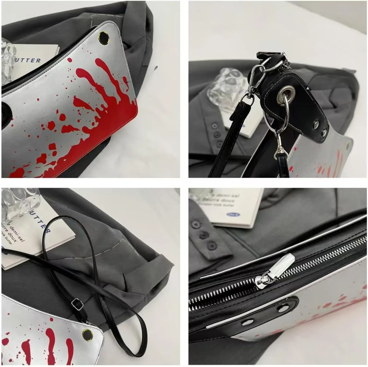 Halloween Bloody Knife Print Clutch Purse for Women Spooky Crossbody Bag Handbag Halloween Party Cosplay Accessory (Silvery)