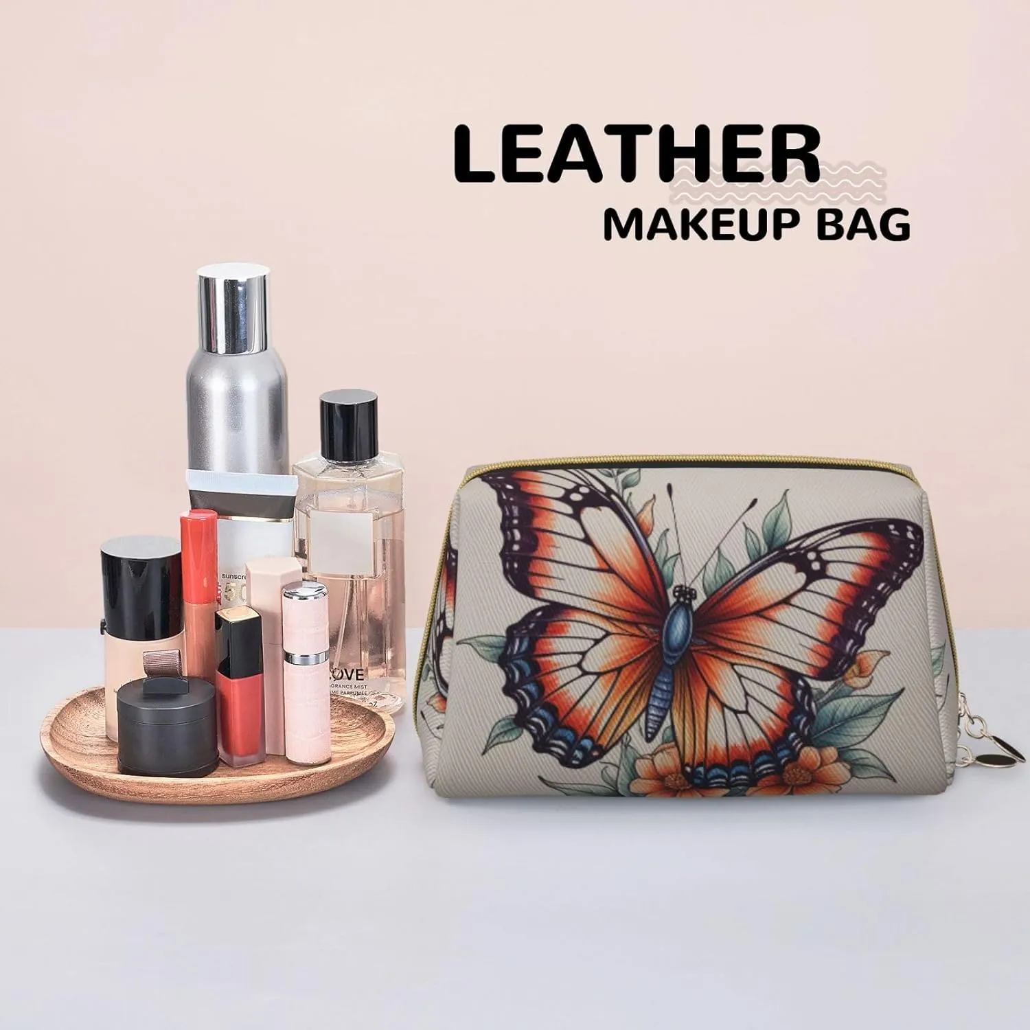Hand drawn color butterfly Printed Small Makeup Bag,Travel Cosmetic Bag Purse with Zipper,Water-resistant Makeup Organizer Bag for Women