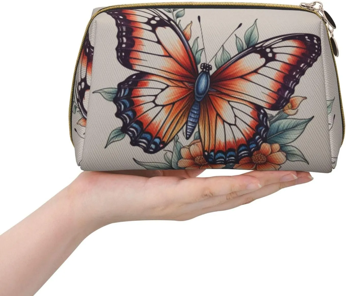 Hand drawn color butterfly Printed Small Makeup Bag,Travel Cosmetic Bag Purse with Zipper,Water-resistant Makeup Organizer Bag for Women