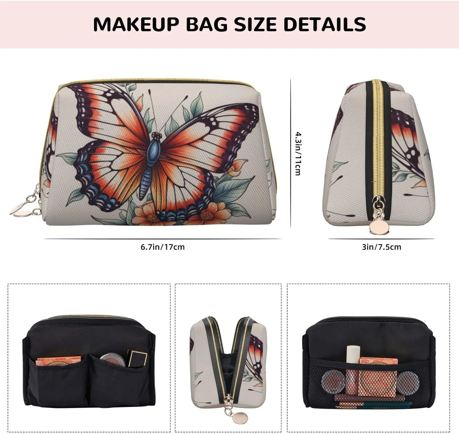 Hand drawn color butterfly Printed Small Makeup Bag,Travel Cosmetic Bag Purse with Zipper,Water-resistant Makeup Organizer Bag for Women