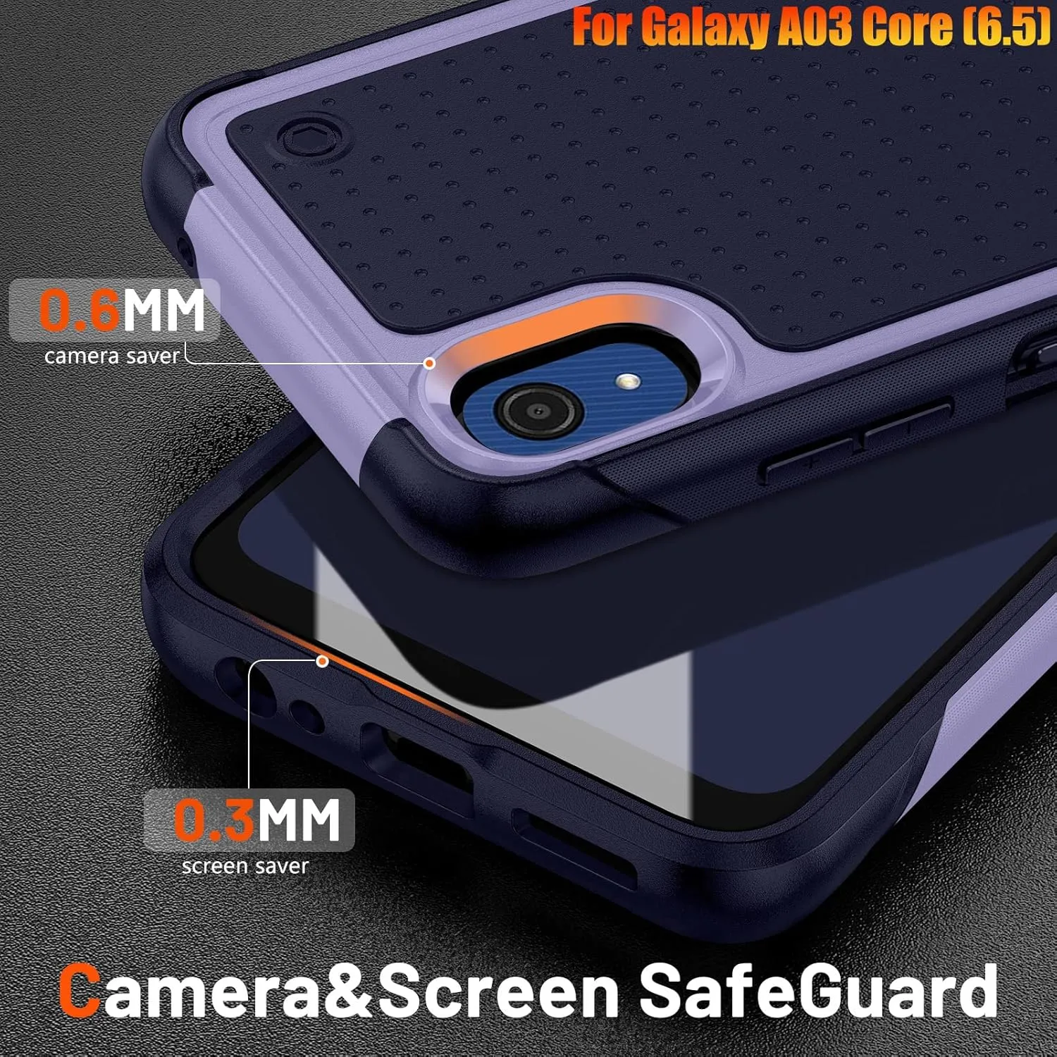 Heavy Duty Case for Samsung Galaxy A03 Core 6.5 Inche, 4 Corners with Airbags[12ft Drop Protection], Non-Slip Textured Grip Bumper Support Wireless Charging Drop Resistant Case -Blue/Purple