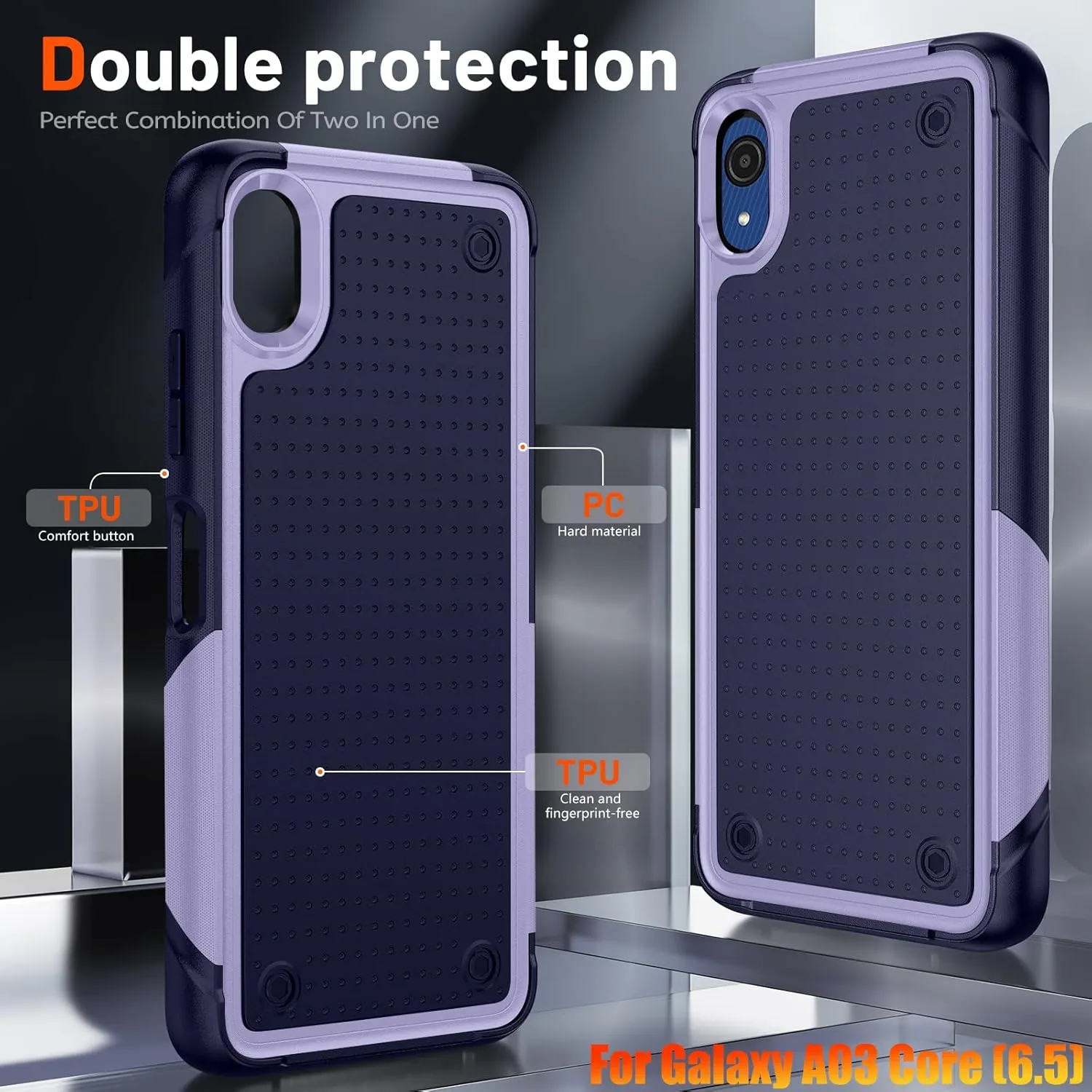 Heavy Duty Case for Samsung Galaxy A03 Core 6.5 Inche, 4 Corners with Airbags[12ft Drop Protection], Non-Slip Textured Grip Bumper Support Wireless Charging Drop Resistant Case -Blue/Purple