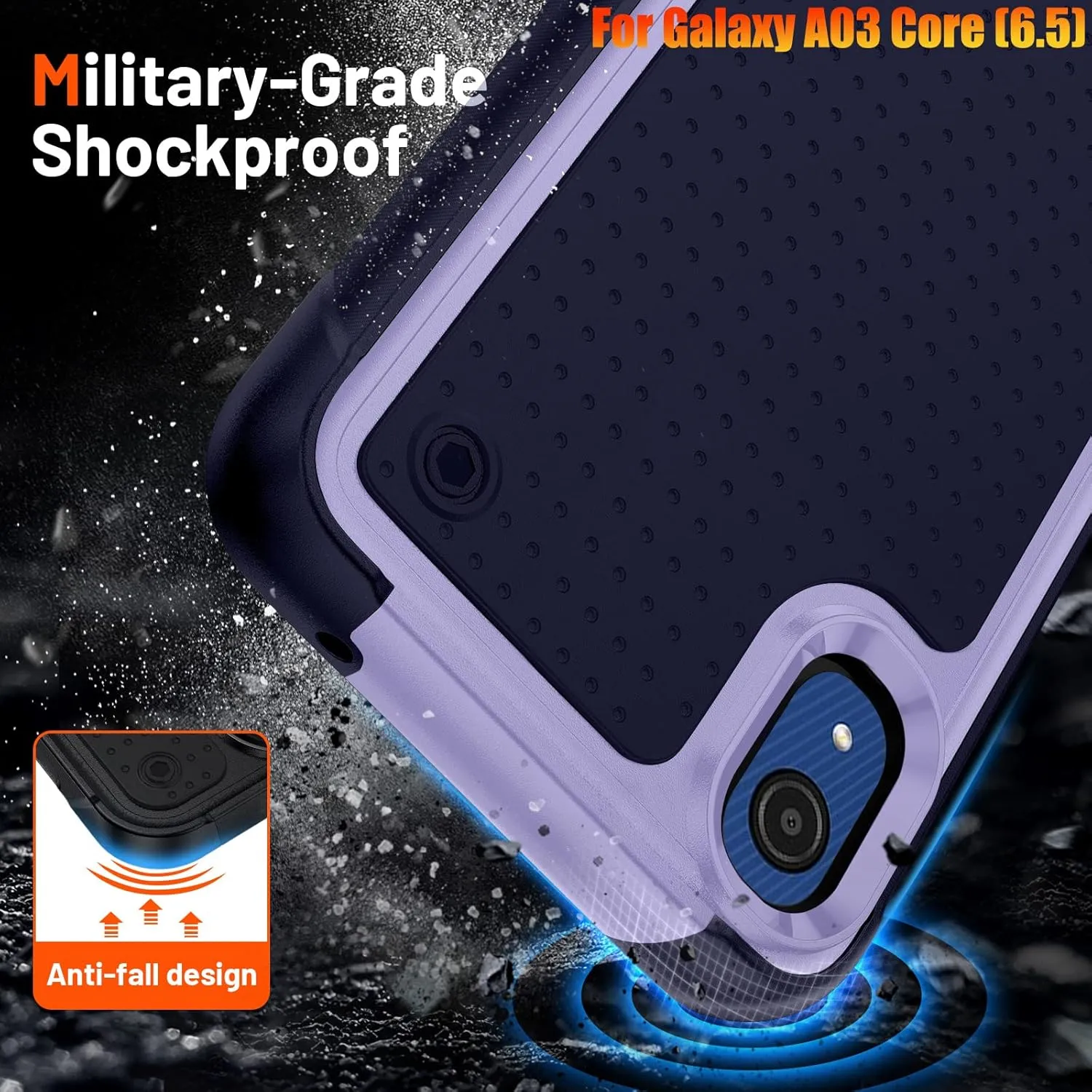 Heavy Duty Case for Samsung Galaxy A03 Core 6.5 Inche, 4 Corners with Airbags[12ft Drop Protection], Non-Slip Textured Grip Bumper Support Wireless Charging Drop Resistant Case -Blue/Purple