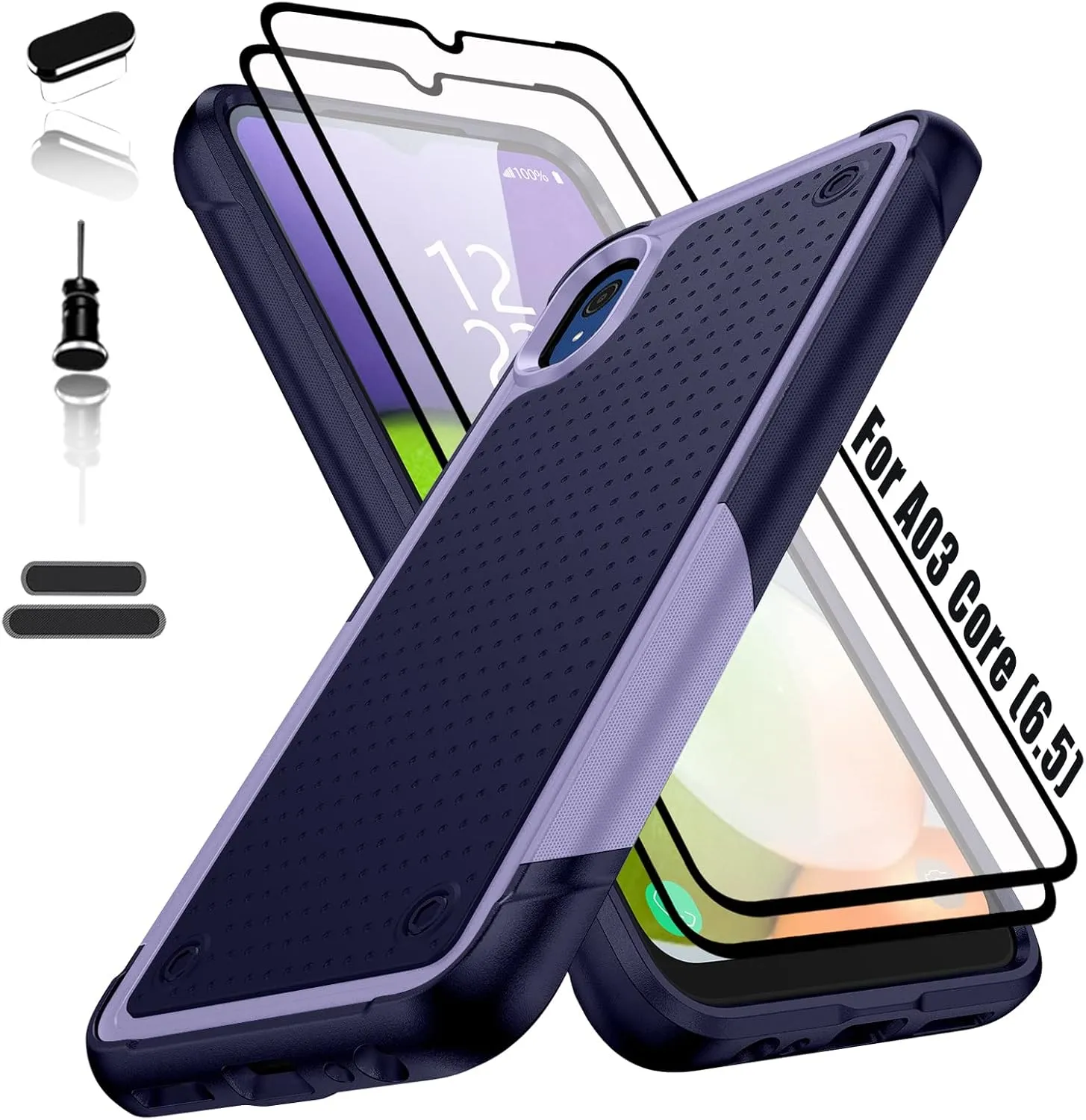 Heavy Duty Case for Samsung Galaxy A03 Core 6.5 Inche, 4 Corners with Airbags[12ft Drop Protection], Non-Slip Textured Grip Bumper Support Wireless Charging Drop Resistant Case -Blue/Purple