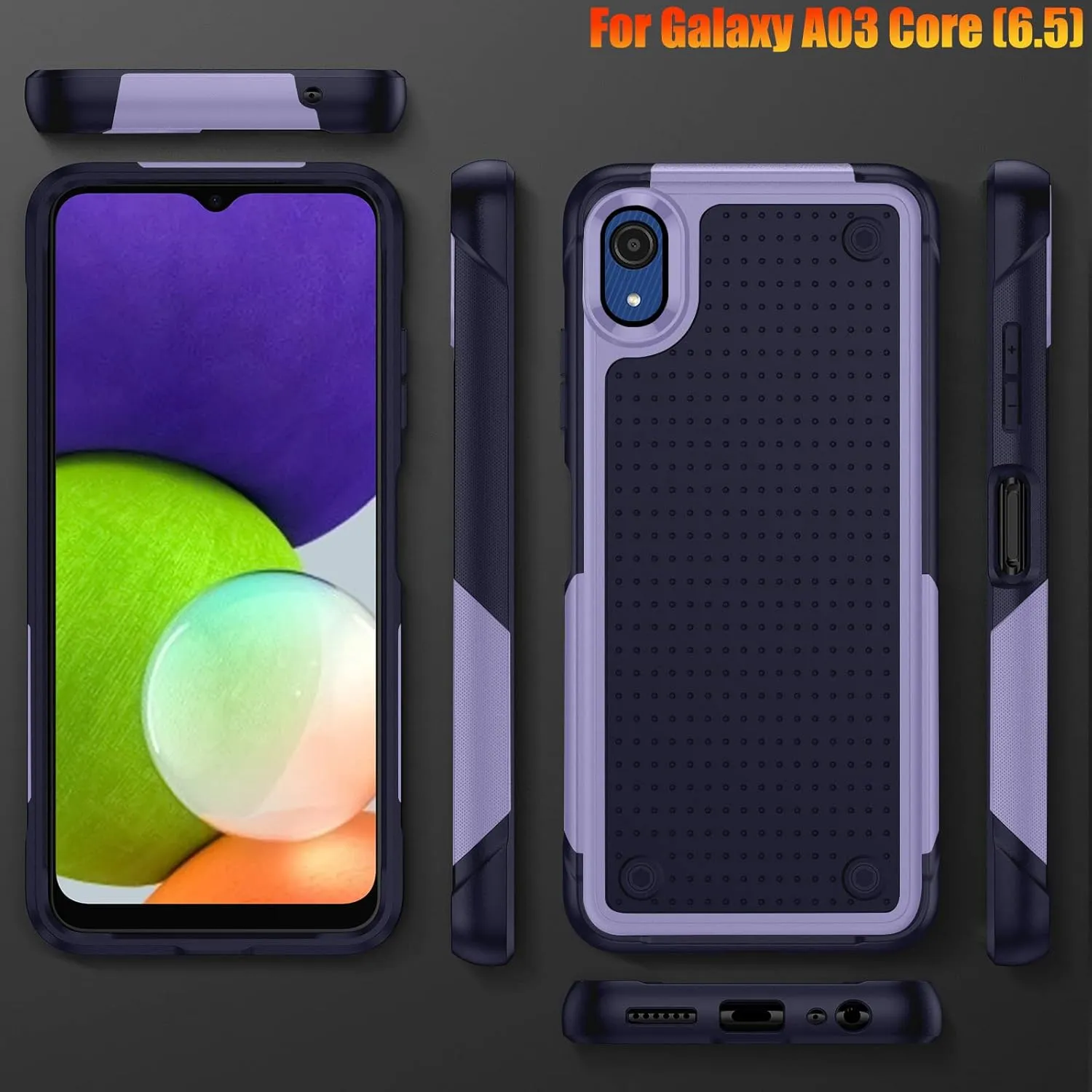 Heavy Duty Case for Samsung Galaxy A03 Core 6.5 Inche, 4 Corners with Airbags[12ft Drop Protection], Non-Slip Textured Grip Bumper Support Wireless Charging Drop Resistant Case -Blue/Purple