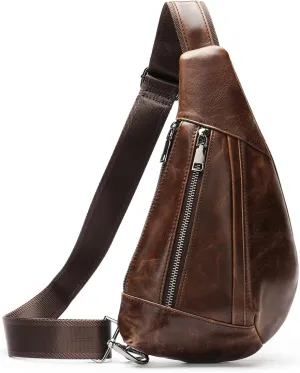 Hebetag Leather Crossbody Sling Bag for Men Women Single Shoulder Chest Pack Backpack Outdoor Travel Camping Casual Daypack, Deep Brown