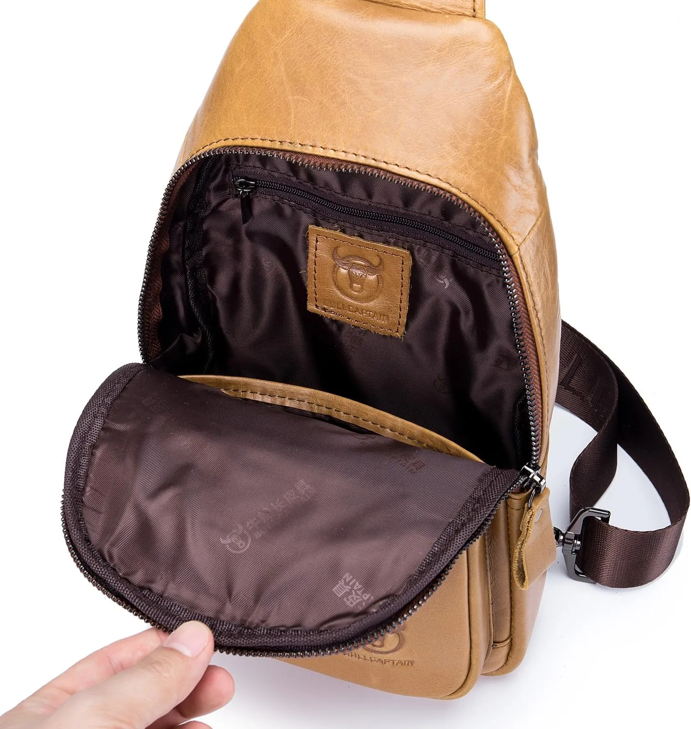 Hebetag Leather Sling Bag Crossbody Backpack for Men Women Casual Shoulder Chest Bags Day Pack Daypack Pouch Pocket, Yellow Brown