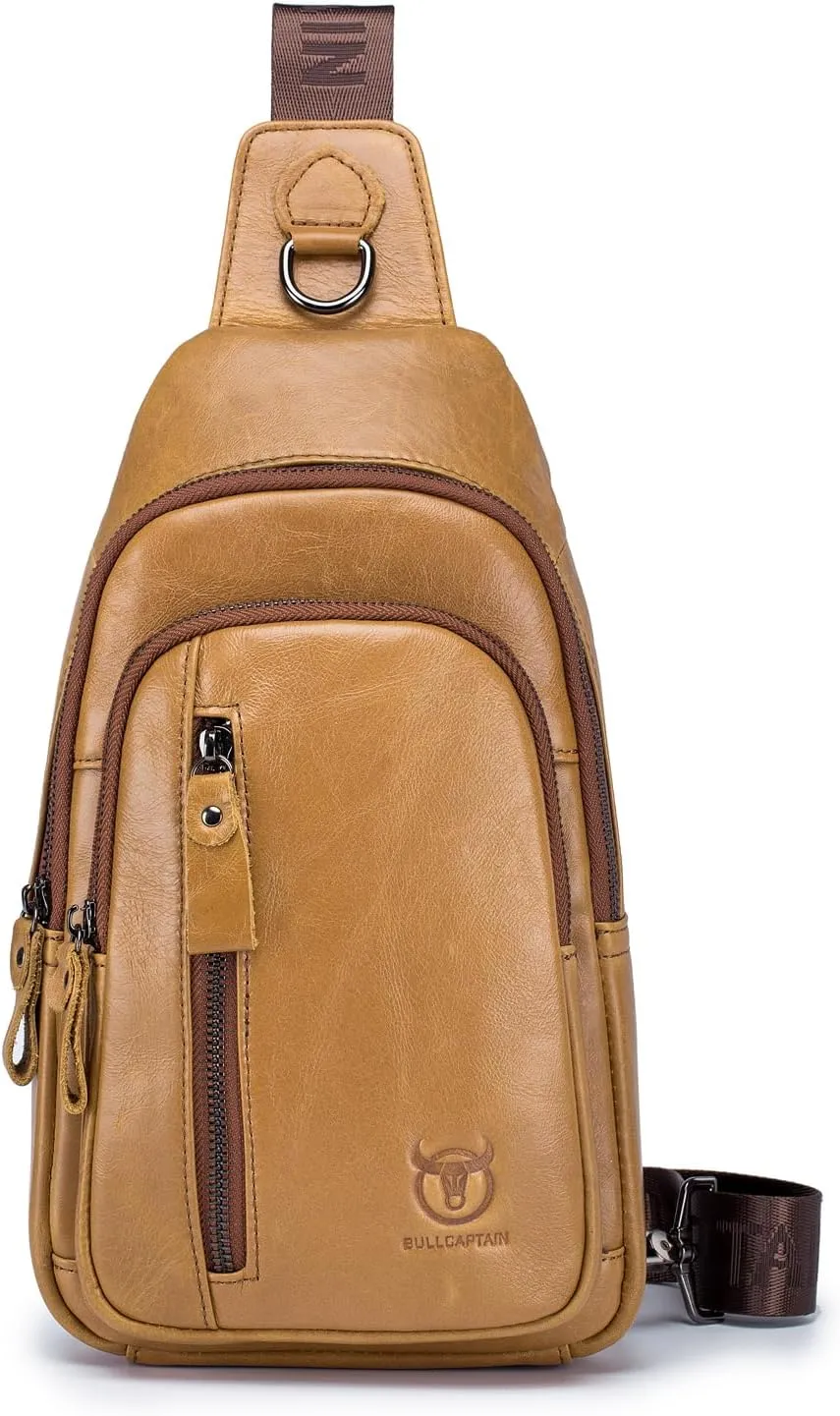 Hebetag Leather Sling Bag Crossbody Backpack for Men Women Casual Shoulder Chest Bags Day Pack Daypack Pouch Pocket, Yellow Brown