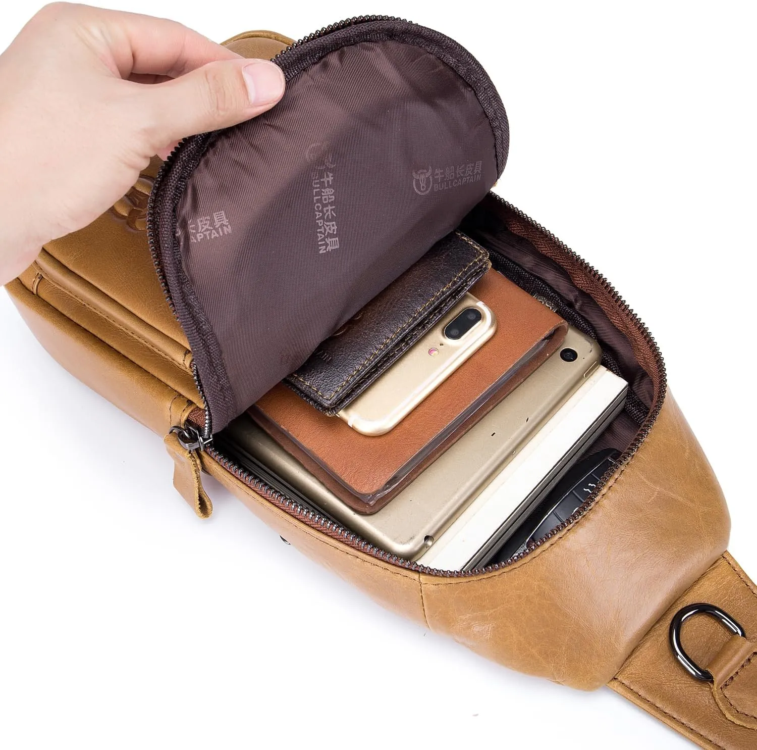 Hebetag Leather Sling Bag Crossbody Backpack for Men Women Casual Shoulder Chest Bags Day Pack Daypack Pouch Pocket, Yellow Brown