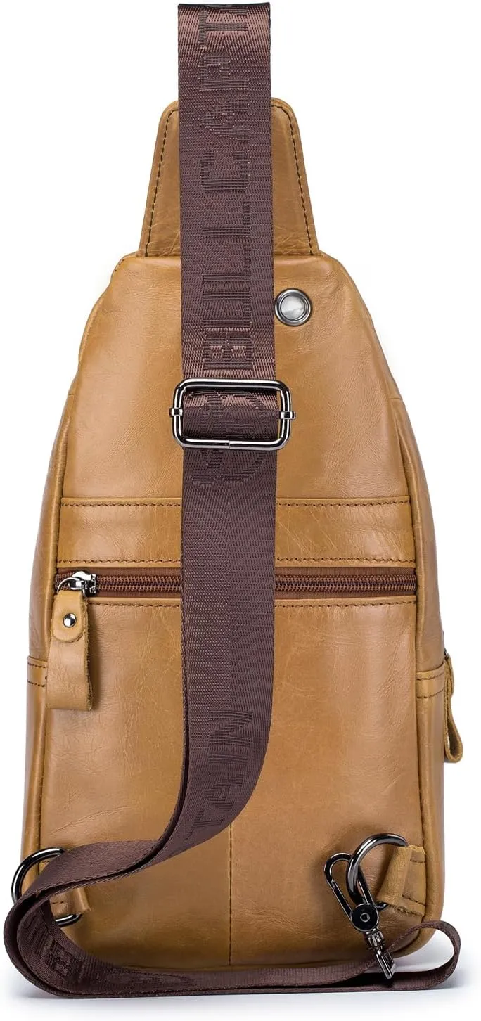 Hebetag Leather Sling Bag Crossbody Backpack for Men Women Casual Shoulder Chest Bags Day Pack Daypack Pouch Pocket, Yellow Brown