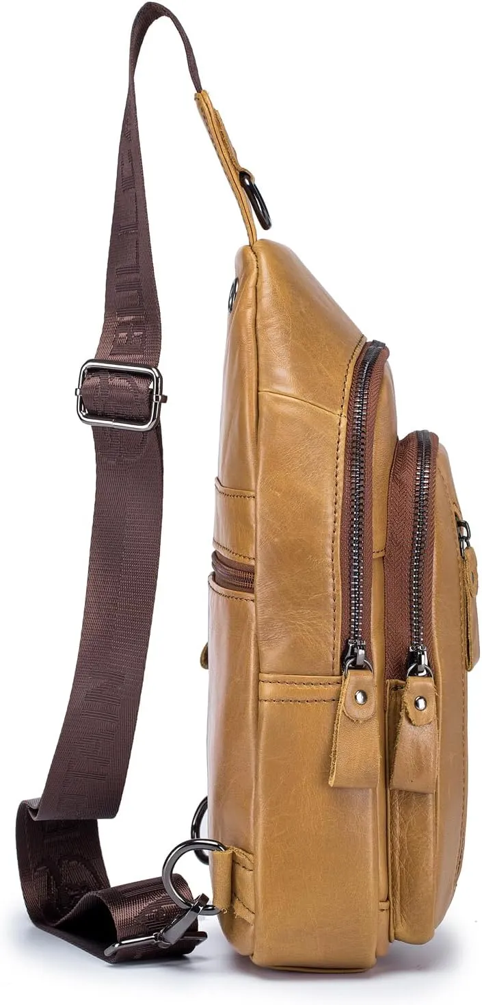 Hebetag Leather Sling Bag Crossbody Backpack for Men Women Casual Shoulder Chest Bags Day Pack Daypack Pouch Pocket, Yellow Brown