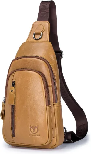 Hebetag Leather Sling Bag Crossbody Backpack for Men Women Casual Shoulder Chest Bags Day Pack Daypack Pouch Pocket, Yellow Brown