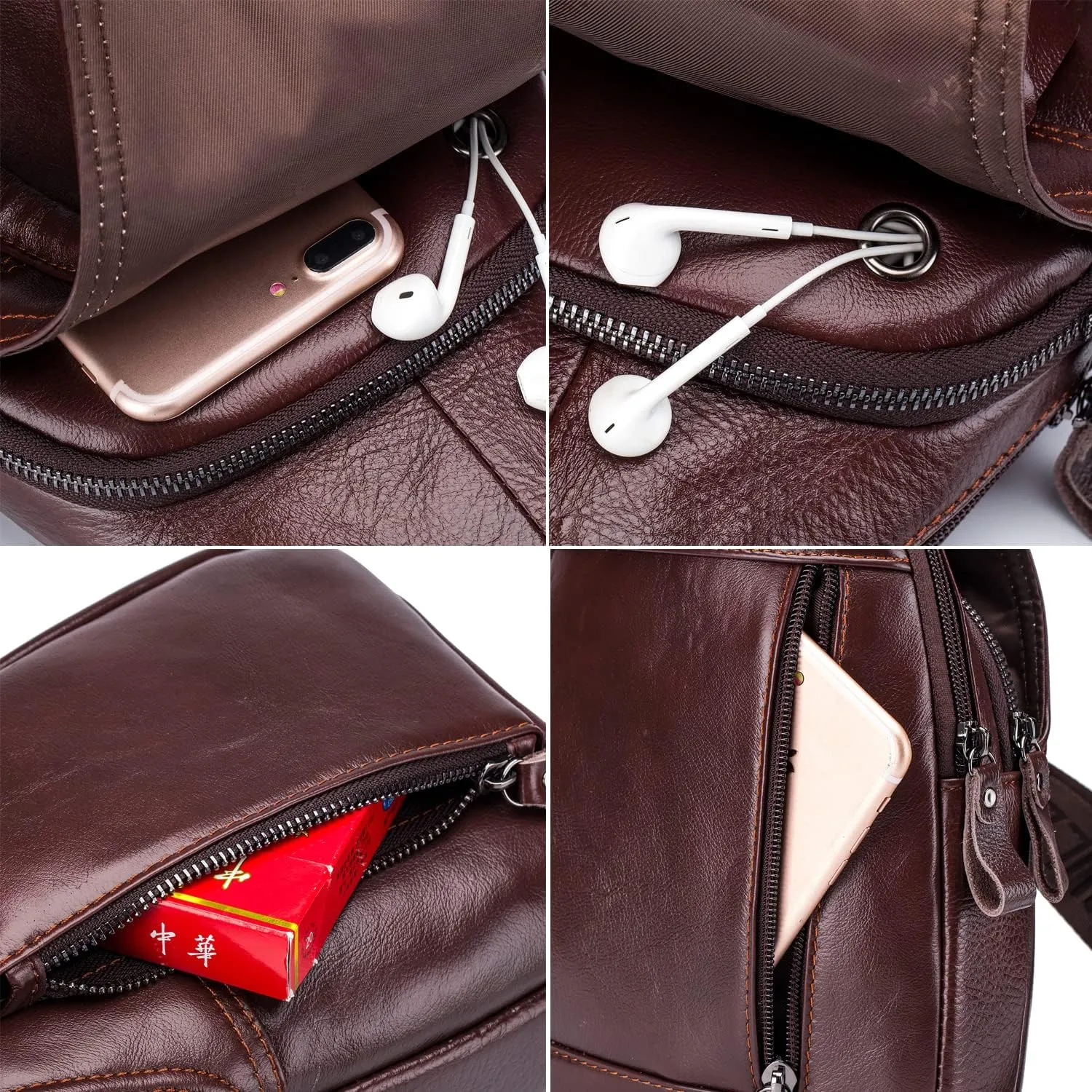 Hebetag Leather Sling Crossbody Bag Casual Daypack for Men Women Outdoor Travel Hiking Camping Fishing Shoulder Chest Pack Day Pack, Brown