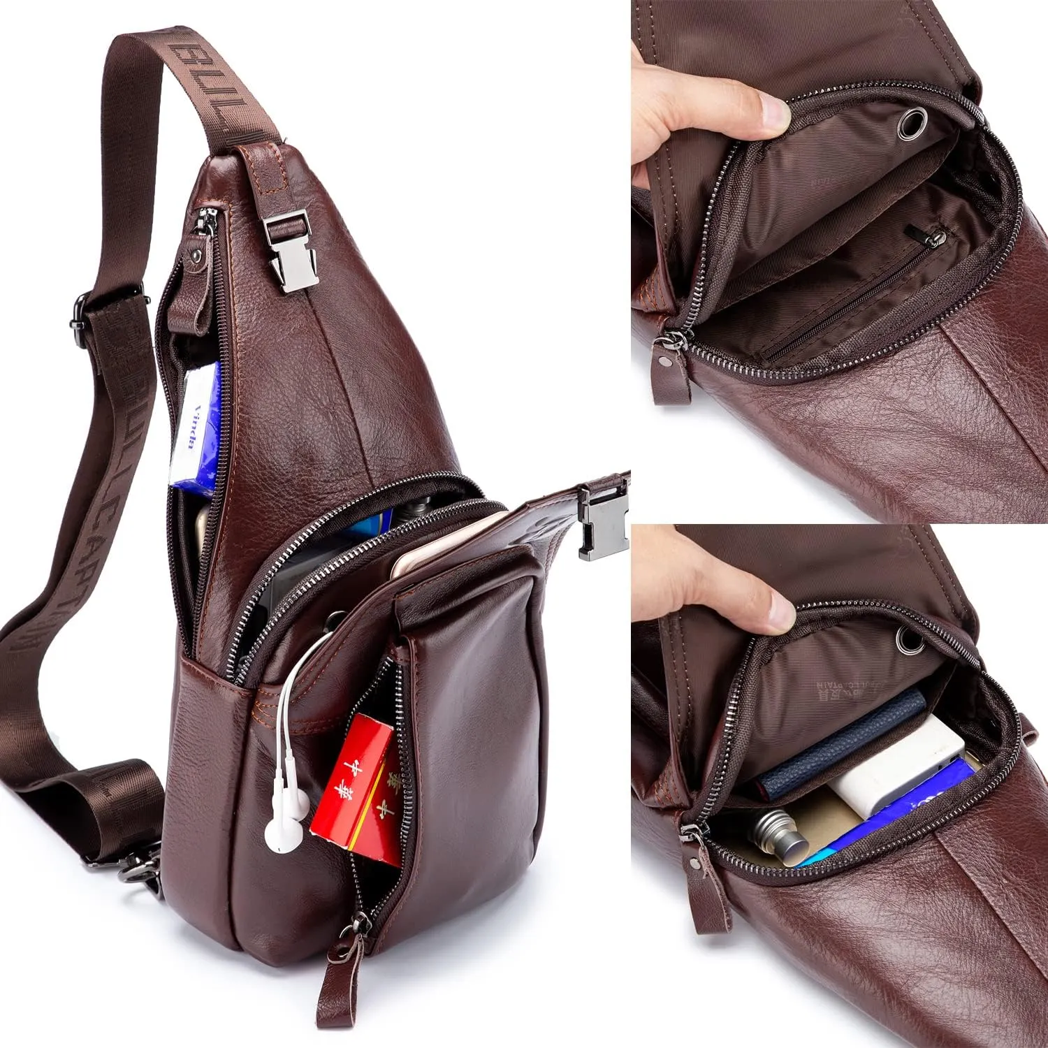Hebetag Leather Sling Crossbody Bag Casual Daypack for Men Women Outdoor Travel Hiking Camping Fishing Shoulder Chest Pack Day Pack, Brown