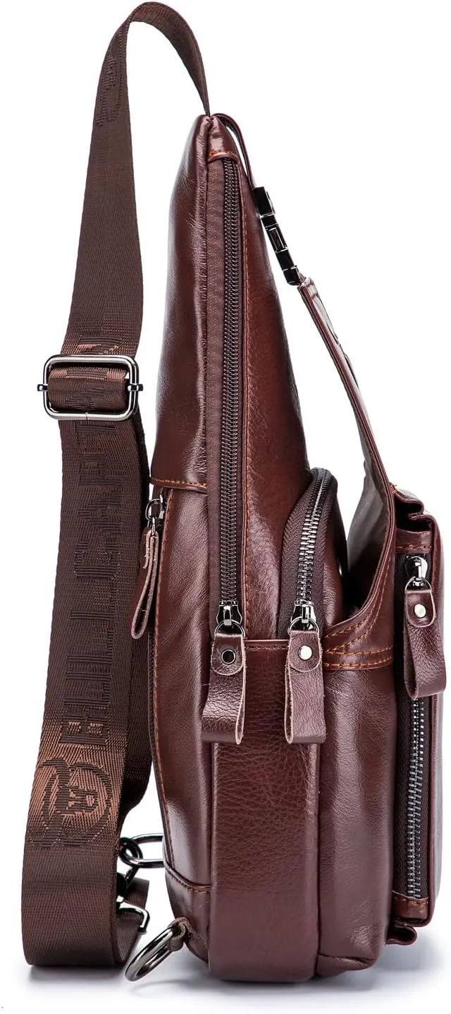 Hebetag Leather Sling Crossbody Bag Casual Daypack for Men Women Outdoor Travel Hiking Camping Fishing Shoulder Chest Pack Day Pack, Brown