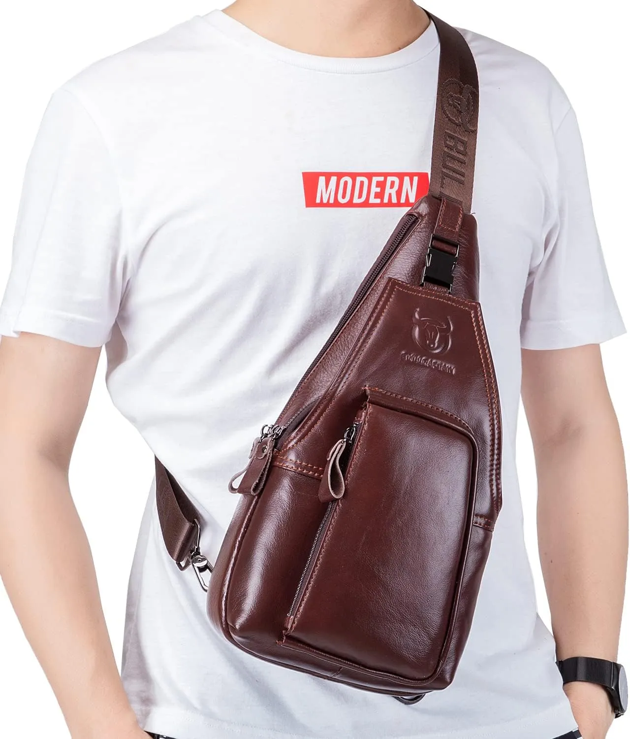 Hebetag Leather Sling Crossbody Bag Casual Daypack for Men Women Outdoor Travel Hiking Camping Fishing Shoulder Chest Pack Day Pack, Brown