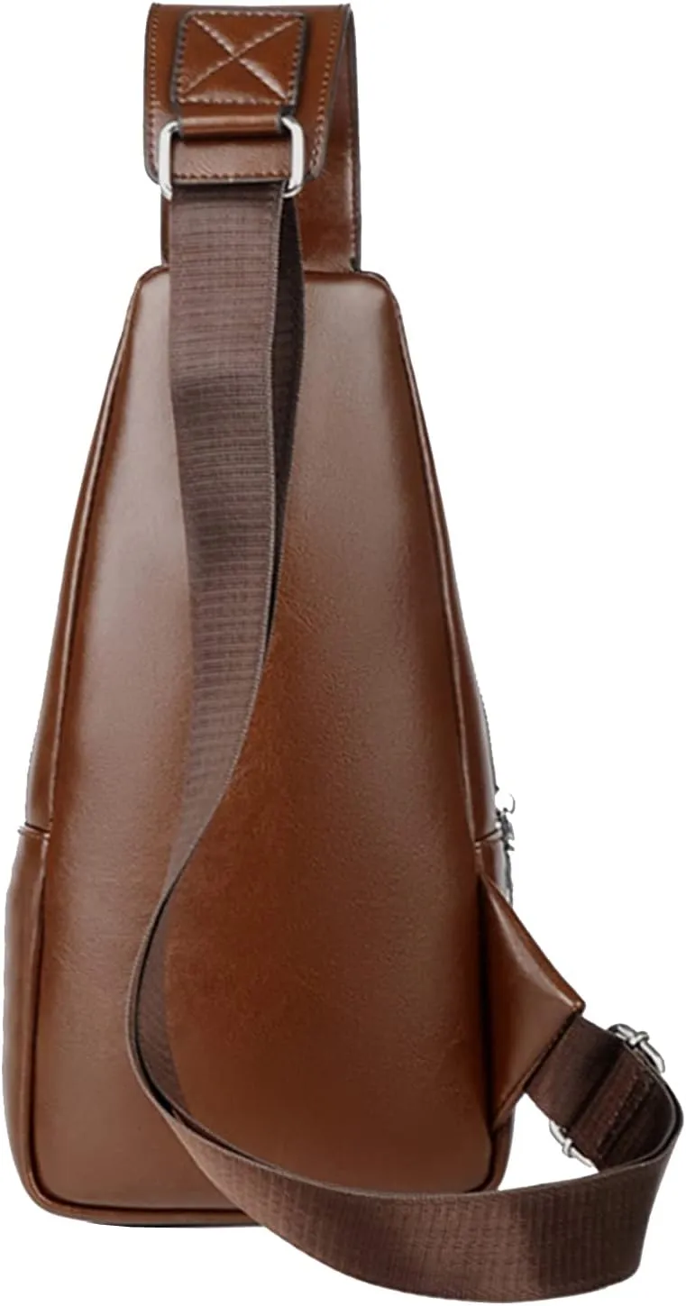 Hebetag Vintage PU Leather Sling Bag Backpack for Men Women Outdoor Travel Crossbody Shoulder Chest Day Pack, Brown