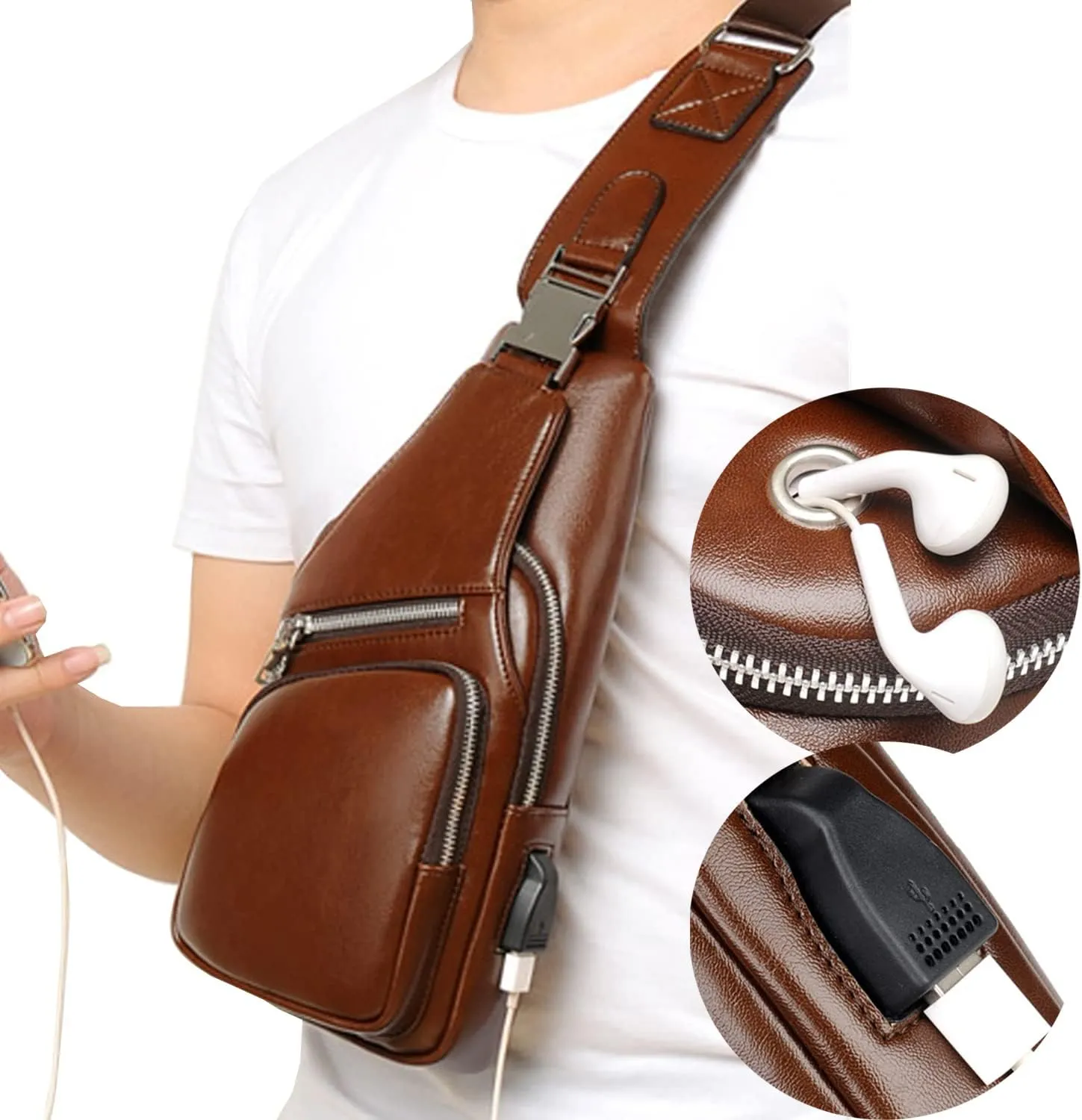 Hebetag Vintage PU Leather Sling Bag Backpack for Men Women Outdoor Travel Crossbody Shoulder Chest Day Pack, Brown