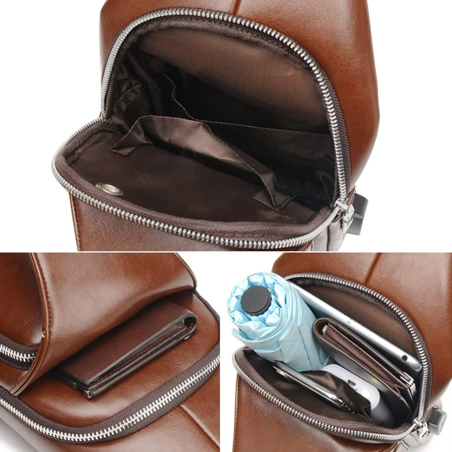 Hebetag Vintage PU Leather Sling Bag Backpack for Men Women Outdoor Travel Crossbody Shoulder Chest Day Pack, Brown