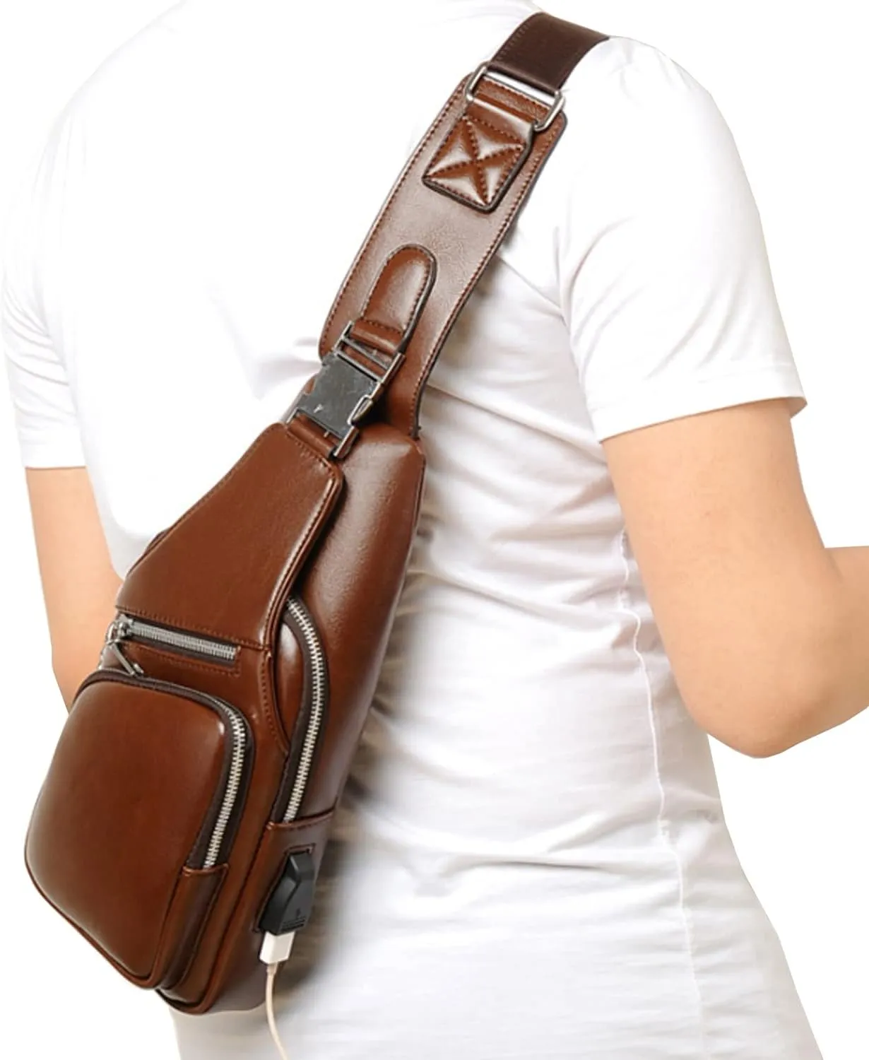 Hebetag Vintage PU Leather Sling Bag Backpack for Men Women Outdoor Travel Crossbody Shoulder Chest Day Pack, Brown