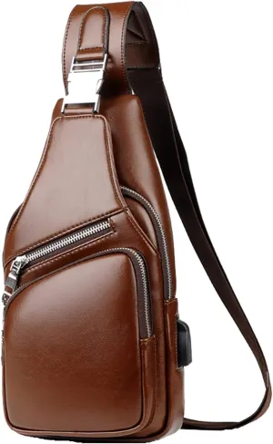 Hebetag Vintage PU Leather Sling Bag Backpack for Men Women Outdoor Travel Crossbody Shoulder Chest Day Pack, Brown