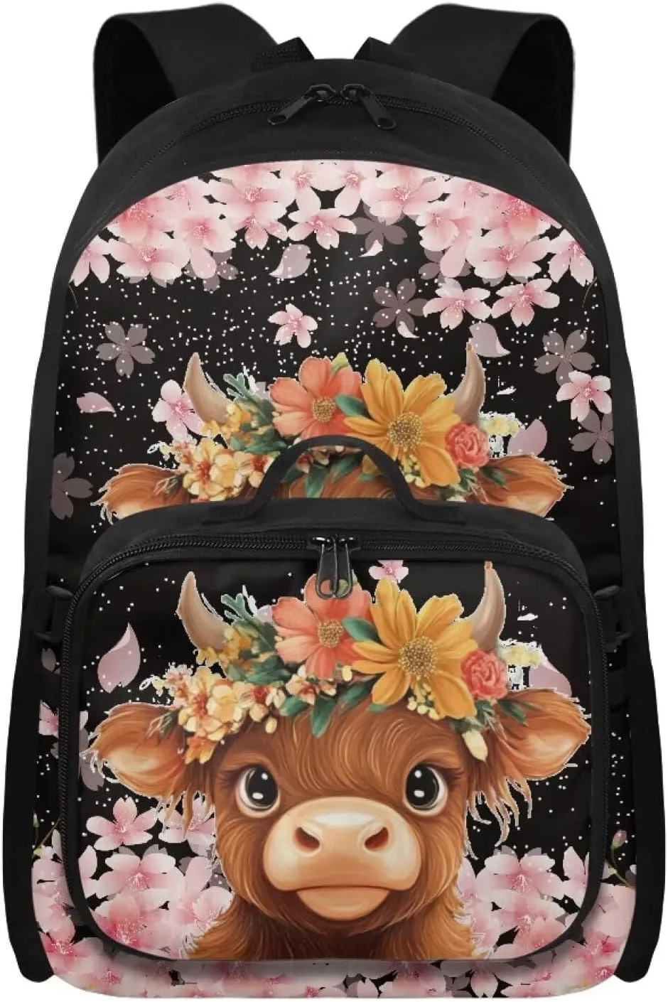 Highland Cow Backpack with Lunch Box Kids Girls Preschool Cherry Blossom Flower Bookbag for Teen 6TH Grade Laptop Compartment School Bag Set for Children