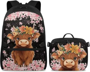 Highland Cow Backpack with Lunch Box Kids Girls Preschool Cherry Blossom Flower Bookbag for Teen 6TH Grade Laptop Compartment School Bag Set for Children