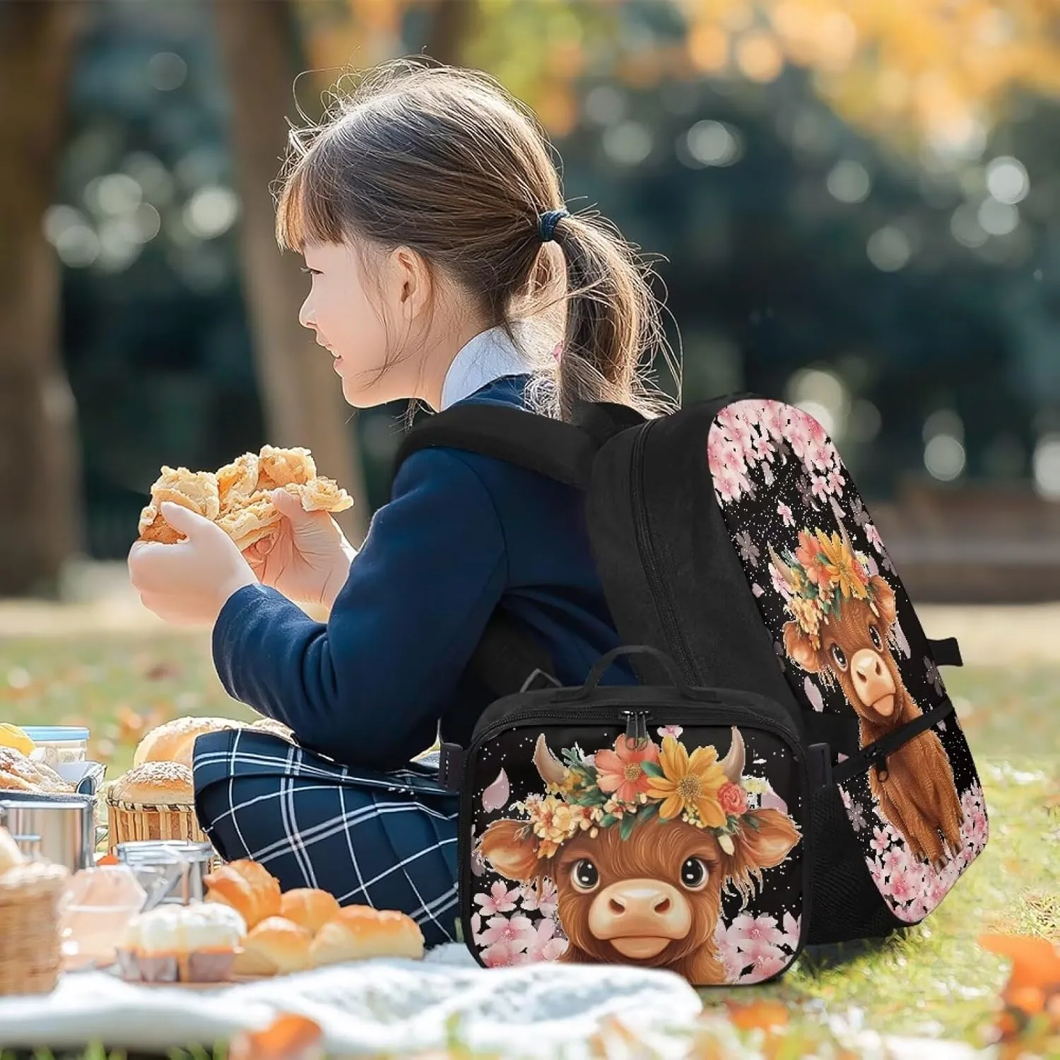 Highland Cow Backpack with Lunch Box Kids Girls Preschool Cherry Blossom Flower Bookbag for Teen 6TH Grade Laptop Compartment School Bag Set for Children