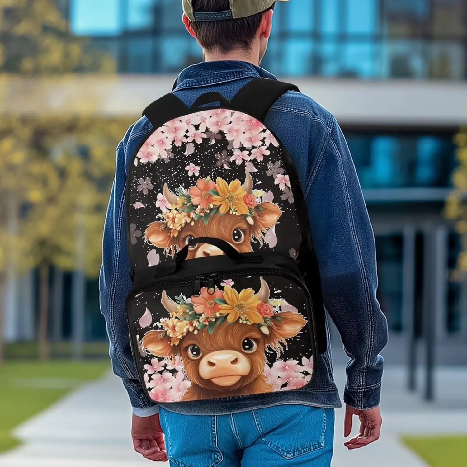 Highland Cow Backpack with Lunch Box Kids Girls Preschool Cherry Blossom Flower Bookbag for Teen 6TH Grade Laptop Compartment School Bag Set for Children