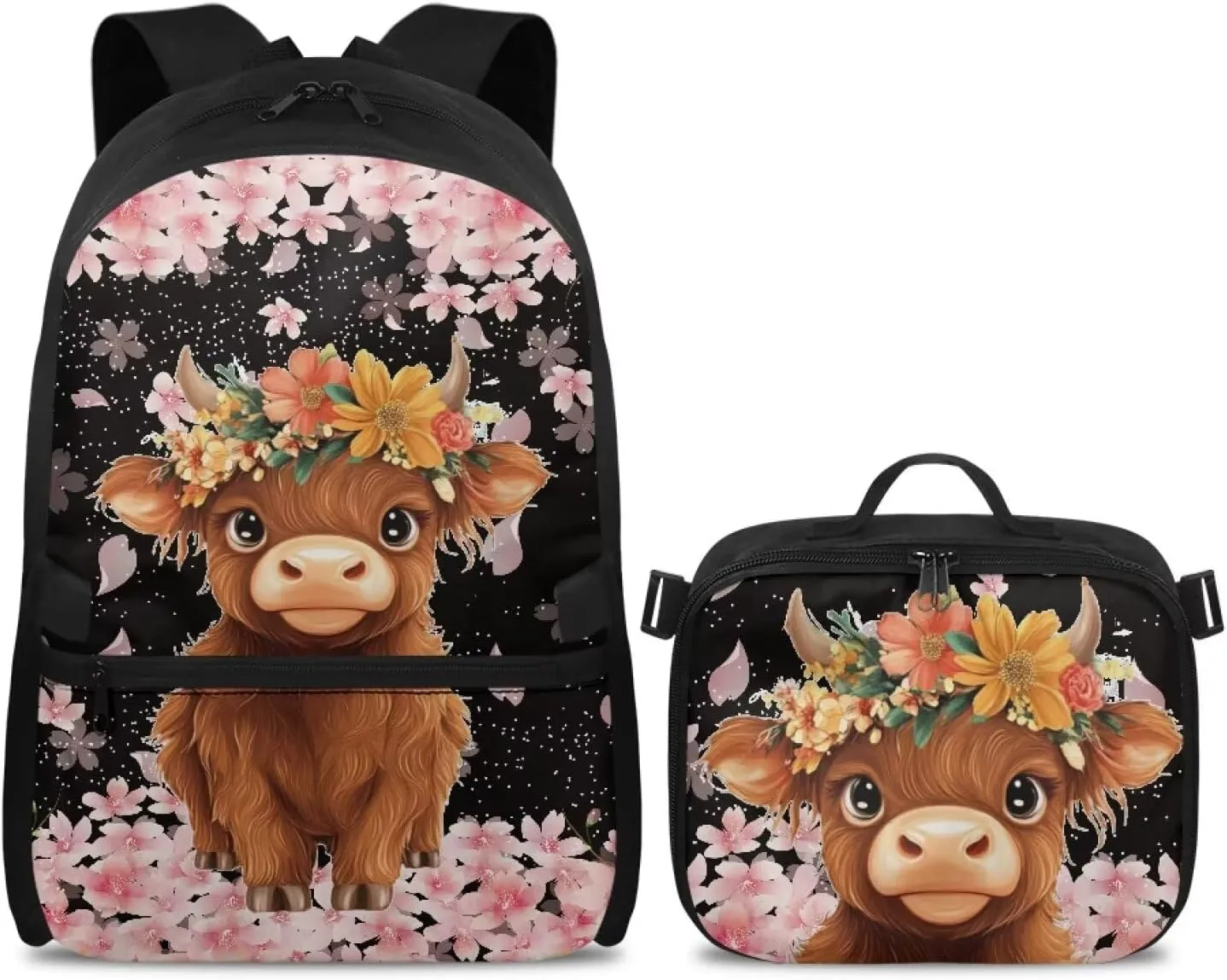 Highland Cow Backpack with Lunch Box Kids Girls Preschool Cherry Blossom Flower Bookbag for Teen 6TH Grade Laptop Compartment School Bag Set for Children